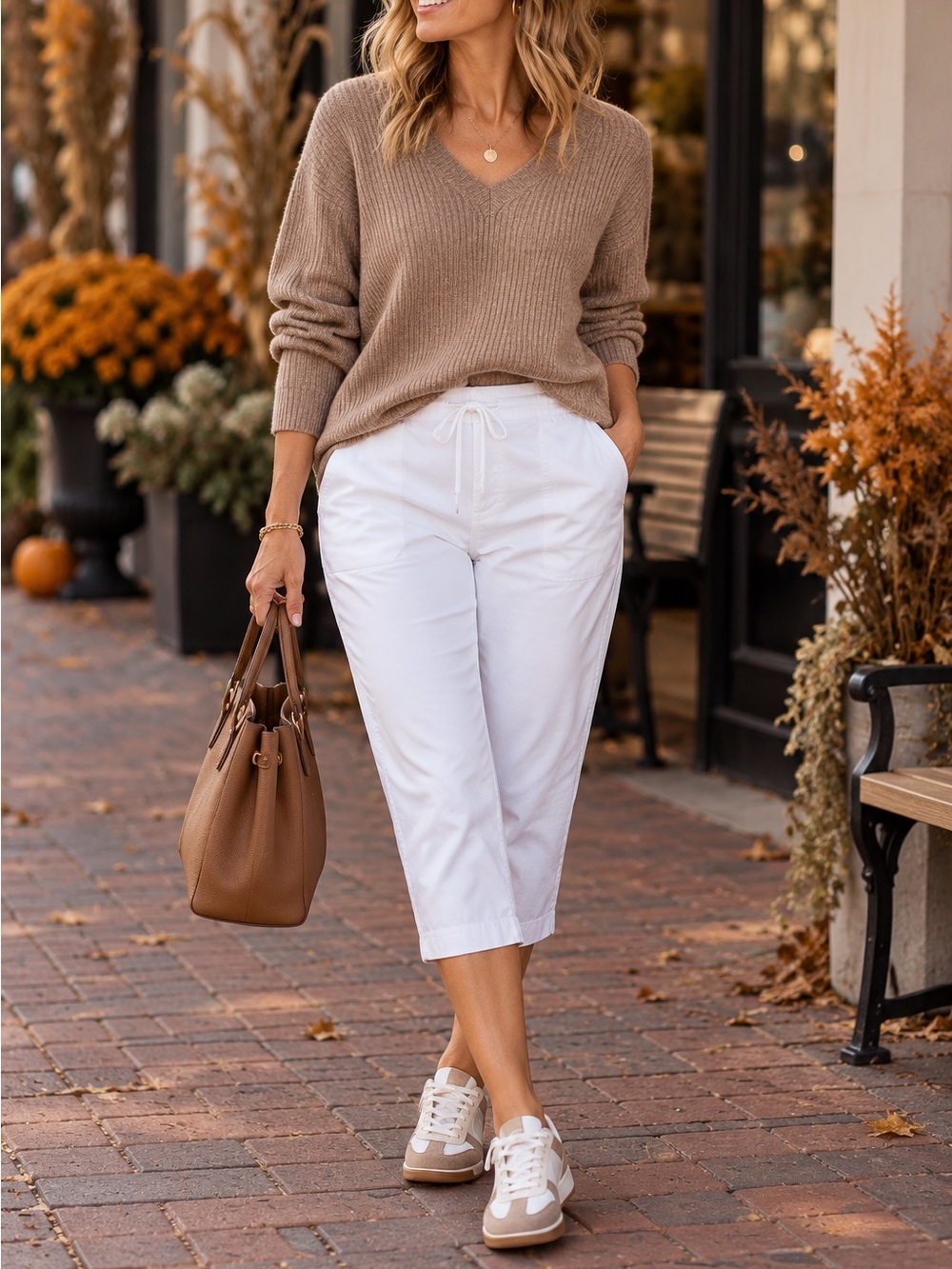 Talbots Woman White Stretch Pull-On Capri Pants Drawstring Cotton 20W